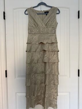 R&M Richards Champagne Tiered Beaded Waist Midi Dress
